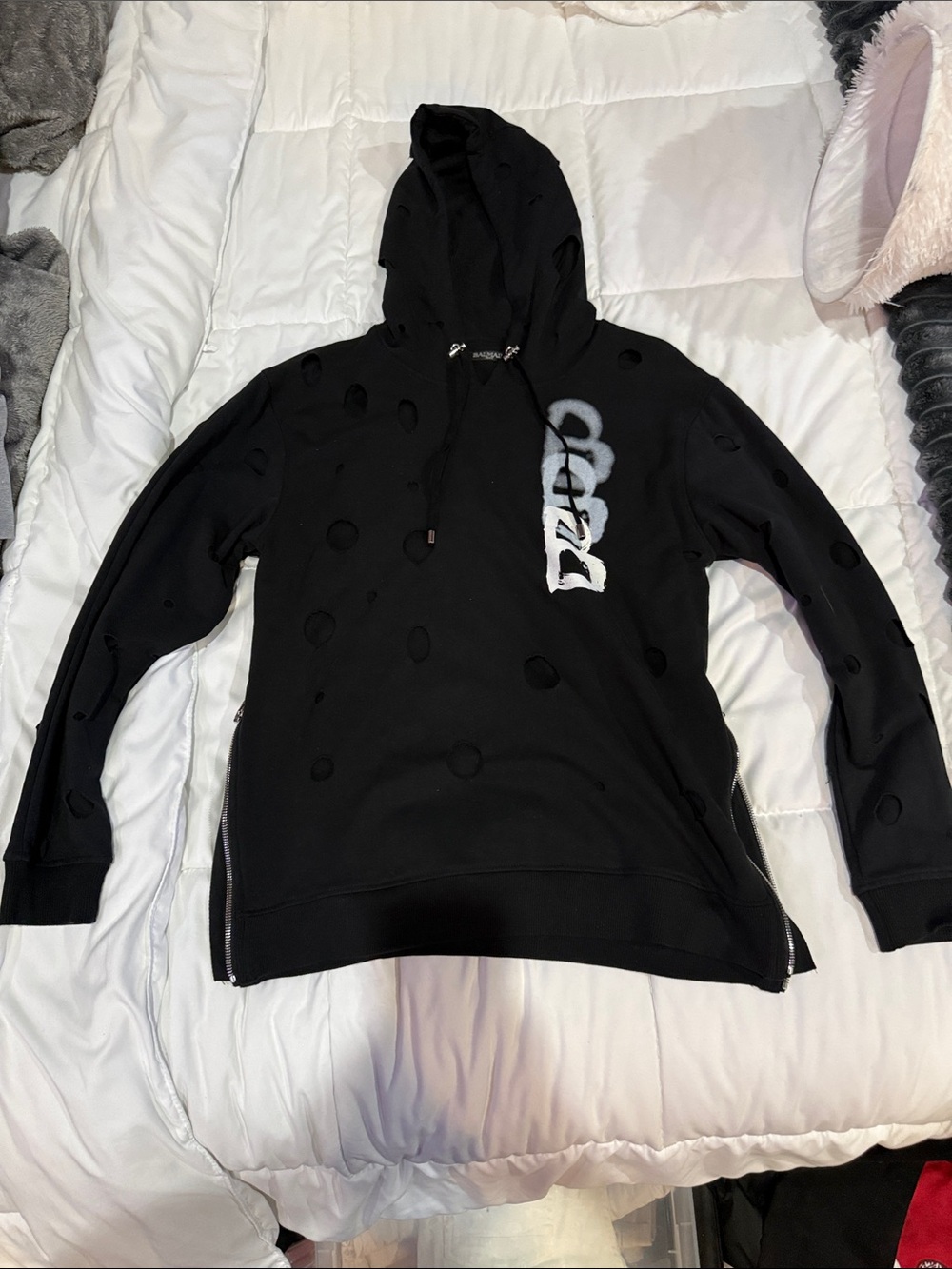 Balmain Black Distressed Hoodie with White Spray Logo